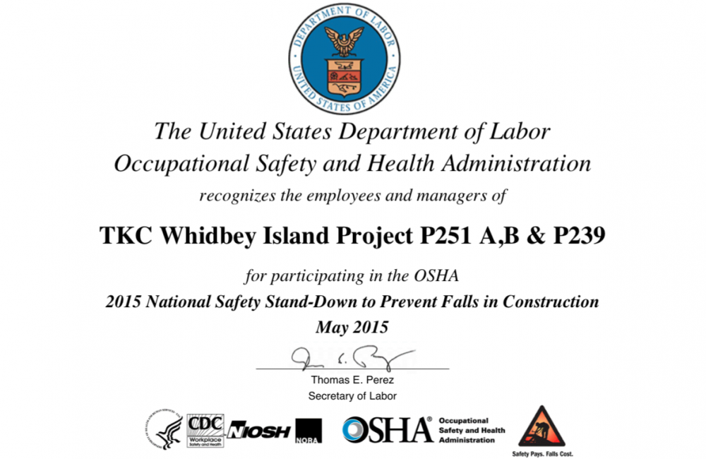 Safety stand down certification from OSHA recognizing The Korte Company for the Whidbey Island Project P251 A, B & P239