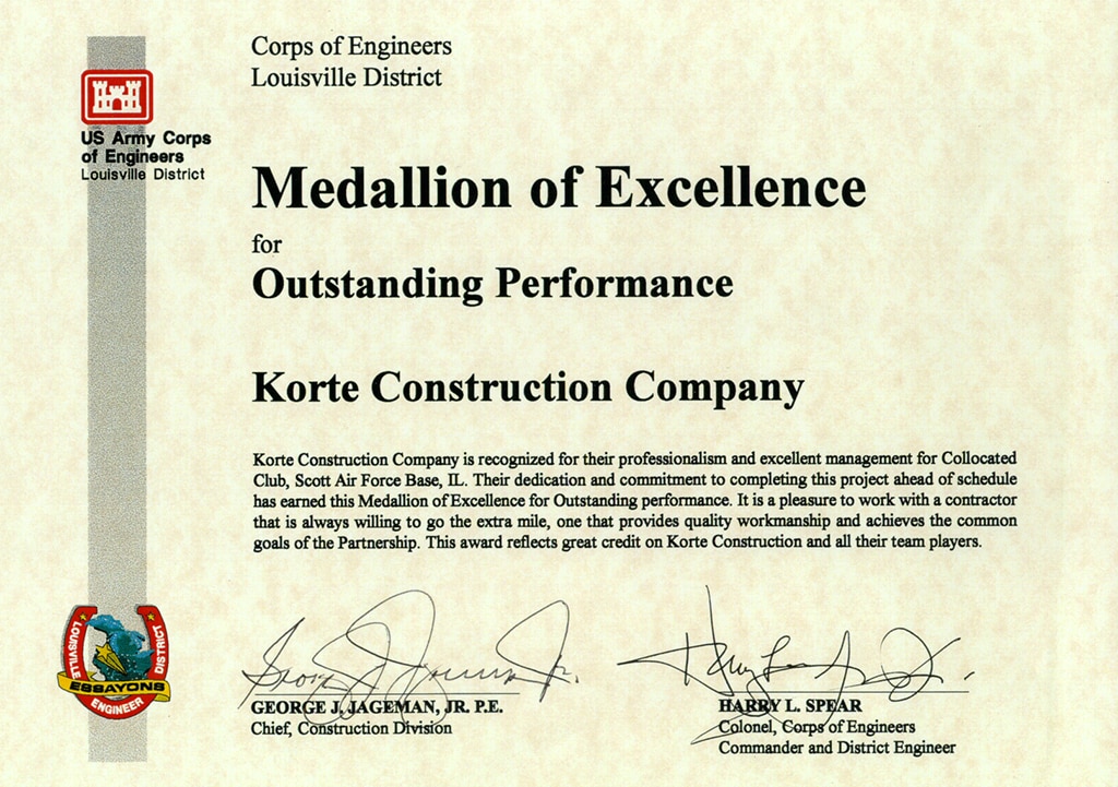 U.S. Army Corps of Engineers Medallion of Excellence awarded to The Korte Company.