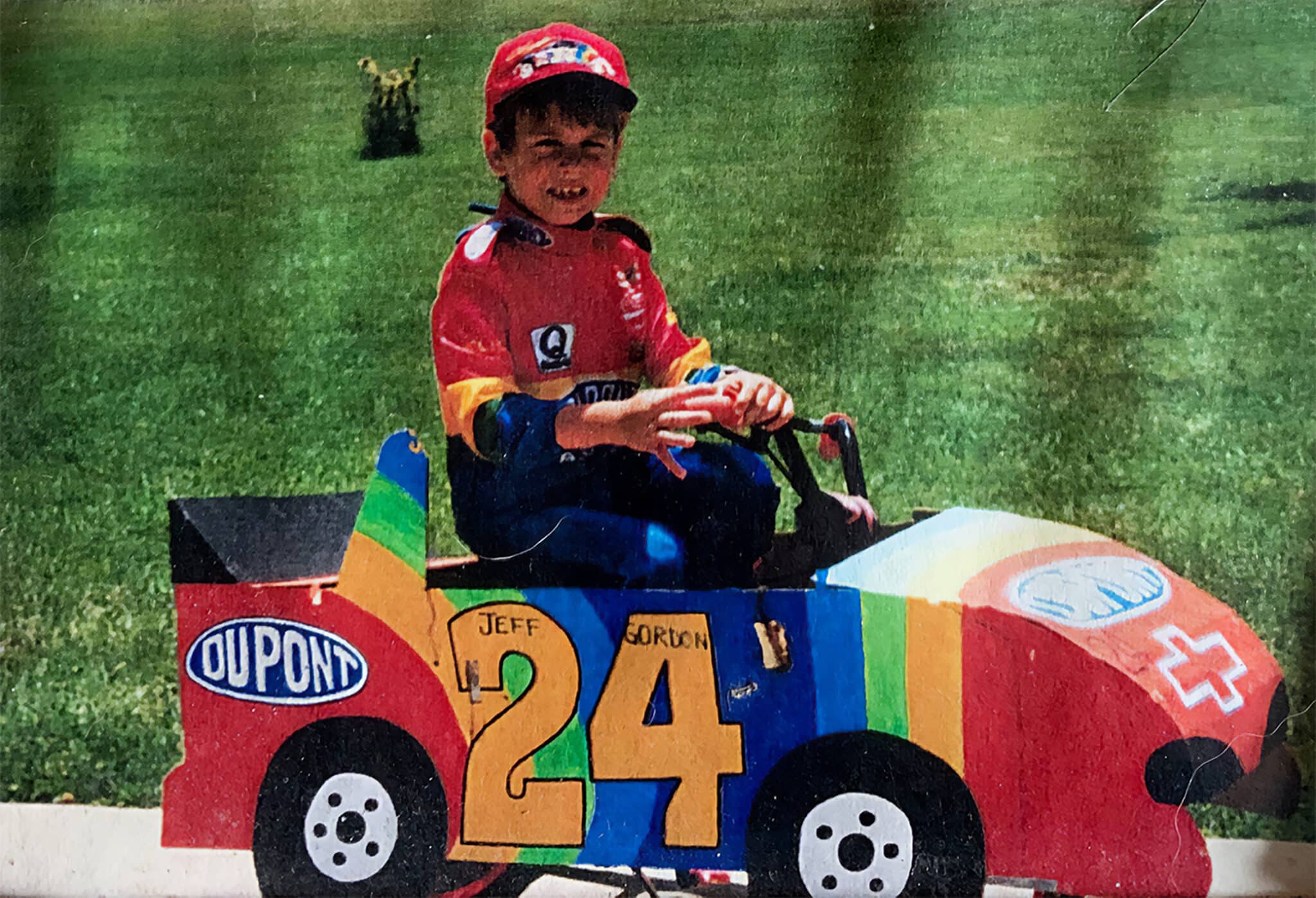 Curt Horsemann's grandson in a dirt track racing box car.