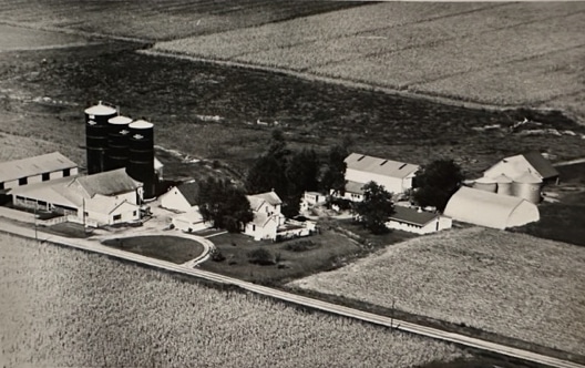 Aerial black and white photo of Nicole Peters' family dairy farm.