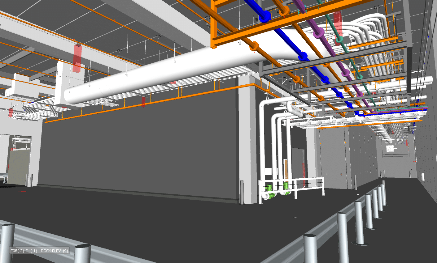 Gray and white digital image of complex overhead pipe and ductwork, represented in orange and blue.