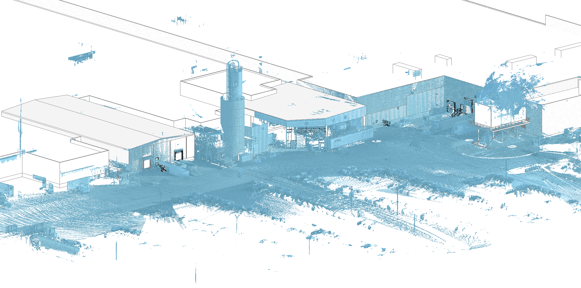 White and blue digital point cloud image of Hershey Robinson facility.